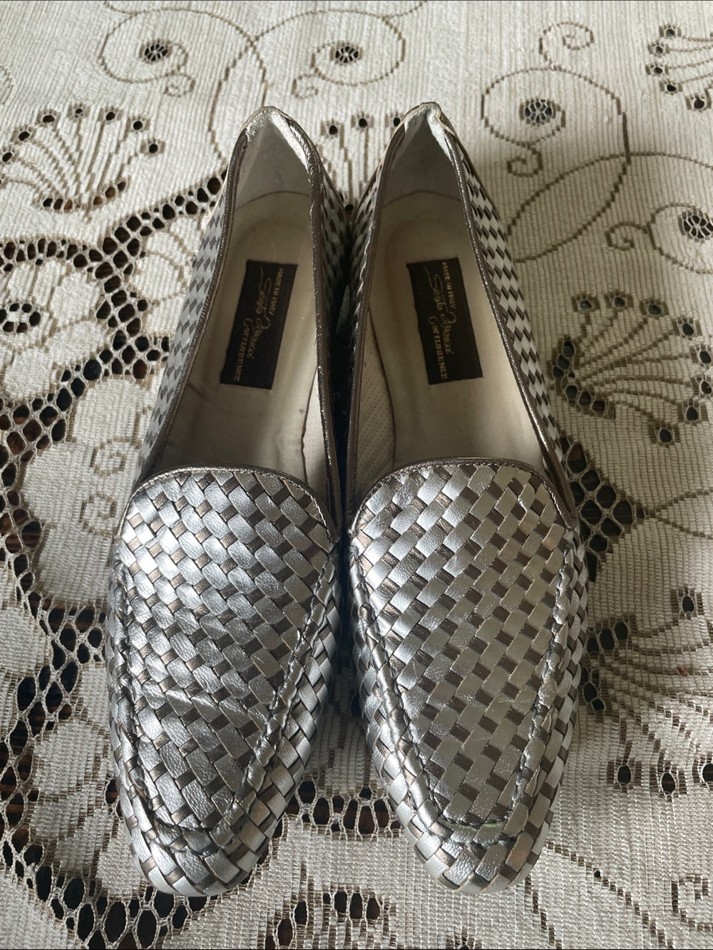 Sesto Meucci Metallic Silver Bronze Woven Leather Slip On Loafers Florence